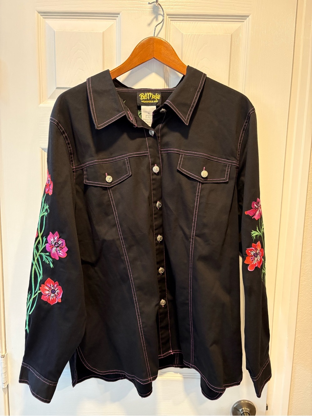 Bob Mackie Black Jacket with Pink & Red Floral Sleeve Embroidery